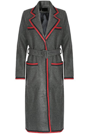 Wool Contrast Trim Belted Grey Overcoat