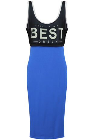 Blue Contrast Colour Printed Midi Dress