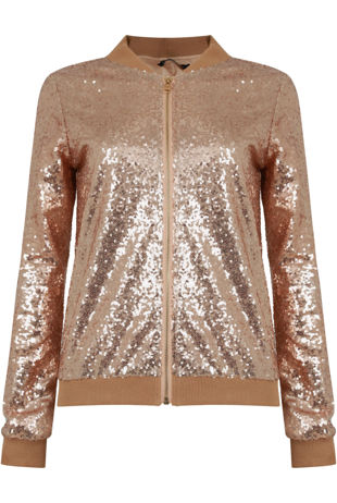 Beige Sequin Bomber Jacket