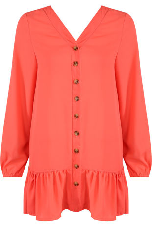 Red Pleated Hem Button Up Dress