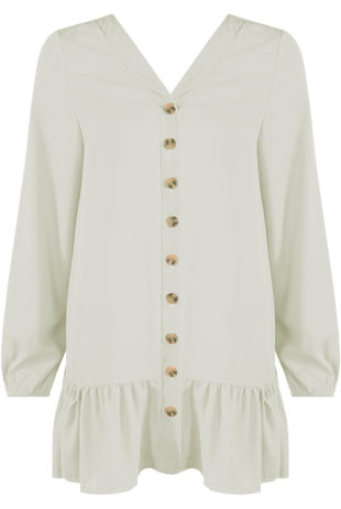 White Pleated Hem Button Up Dress