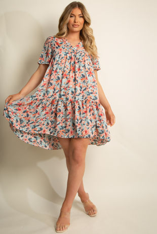 Rose Floral Print V Neck Midi Dress