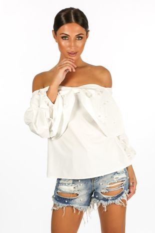 White Off The Shoulder Pearl Embellished Bow Front Top 