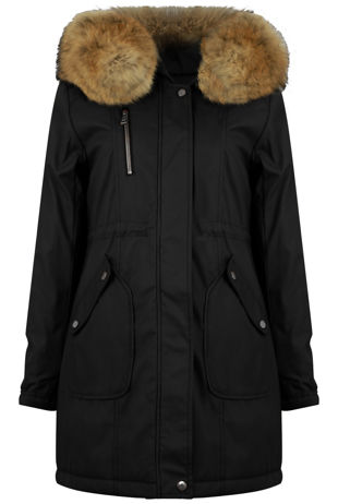 Black Fur Trim Hooded Parka 