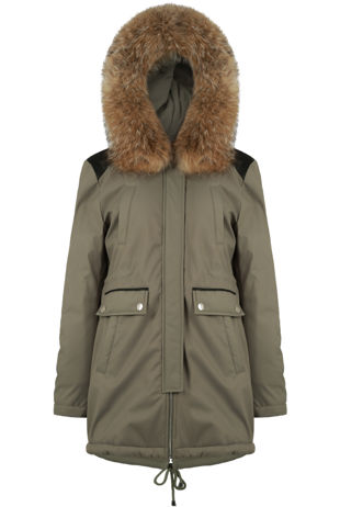 Khaki Hooded Parka With PU Trim