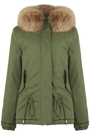  Khaki Waist Tie Fur Hood Parka Jacket
