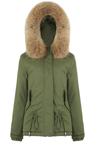 Khaki Waist Tie Fur Hood Parka Jacket