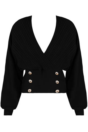 Black Golden Button Trim Low Neck Wrap Up Tops