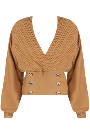 Camel Golden Button Trim Low Neck Wrap Up Tops