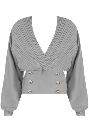 Grey Golden Button Trim Low Neck Wrap Up Tops