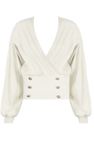 White Golden Button Trim Low Neck Wrap Up Tops