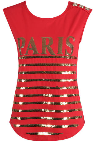 Red PARIS Gold Sequin Trim Slogan Tee
