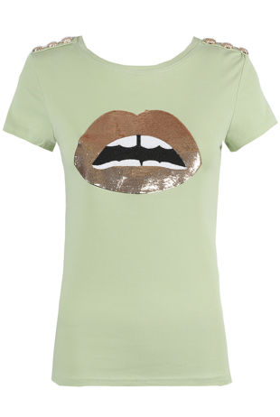 Green Lips Trim Golden Button Tees