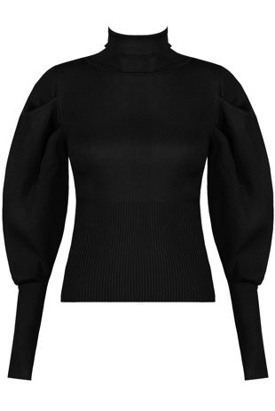 Black Pleated Sleeve High Neck Ribbed Jumper