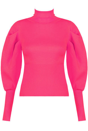 Fuchsia Pleated Sleeve High Neck Ribbed Jumper