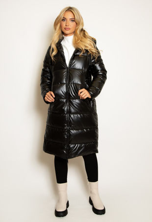 Black High Shine Hooded Long Puffer Jacket