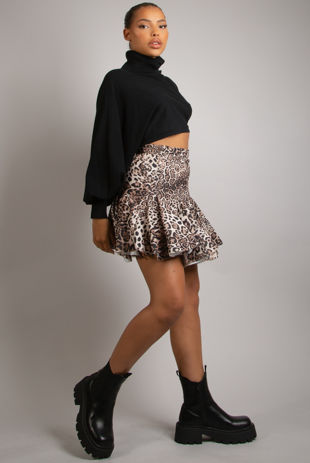 Beige Leopard Flare Hem Mini Skirts