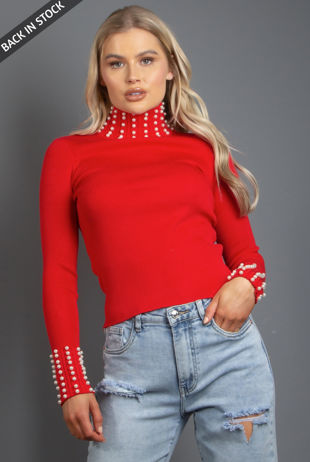 Red Striped High Neck Button Trim Jumper-Copy