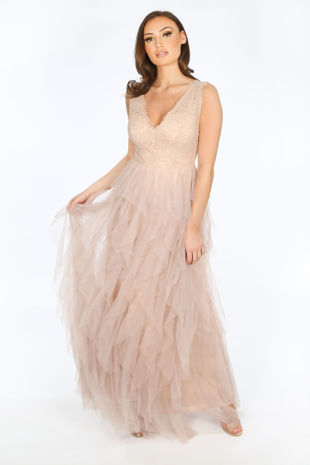 Lace & Ruffle Tulle Sleeveless Maxi Dress In Nude