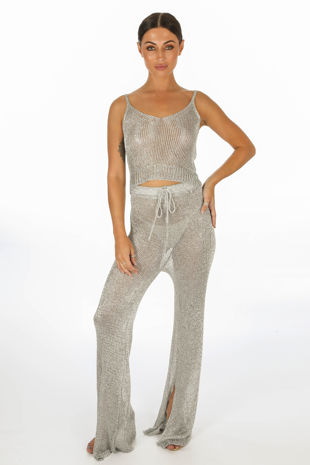 Metallic Knitted Crop Top & Trouser In Silver