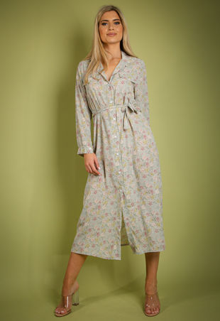Mint Vintage Floral Print Belted Shirt Dress