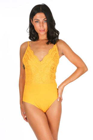 Mustard Scallop Edge Slinky Crochet Bodysuit