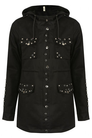 Black Studs Trim Hooded Parka Coat