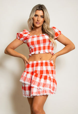 Red Gingham Shirred Crop Top & Skirt Set
