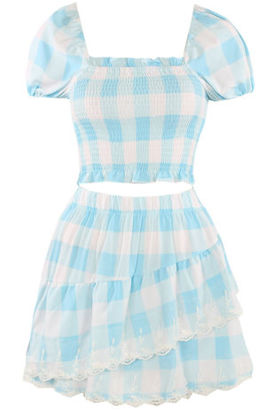 Blue Gingham Shirred Crop Top & Skirt Set