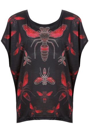 Honey Bee Print Stud Detailed Baggy Tops