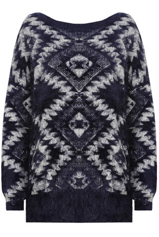 Blue Zic Zag Diamond print  Detail Mohair Jumper
