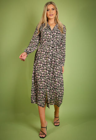 Black Vintage Floral Print Belted Shirt Dress