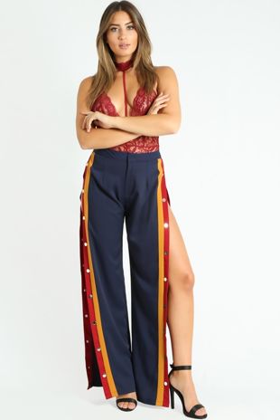 Navy Contrast Side Button Up Trouser