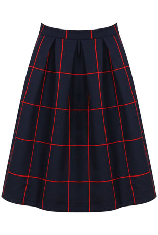 Navy Pintuck Pleated Flared Skirt