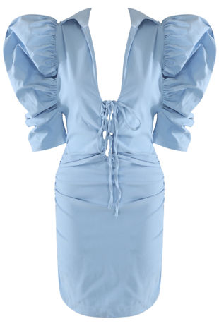 Sky Blue Puffed Sleeves Plunge Neck Dress