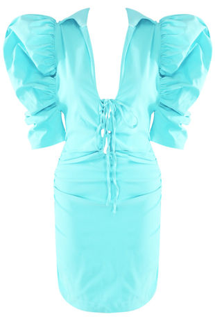 Mint Belle Puffed Sleeves Plunge Neck Dress