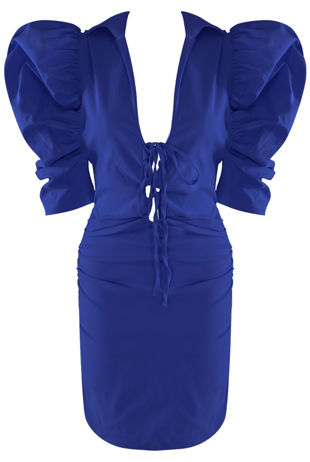 Royal Blue Belle Puffed Sleeves Plunge Neck Dress