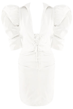 White Puffed Sleeves Plunge Neck Dress
