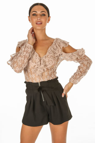 Nude Long Sleeve Sheer Frill Lace Bodysuit