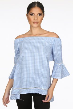 Gingham Bardot Top With Cut Out Back In Blue