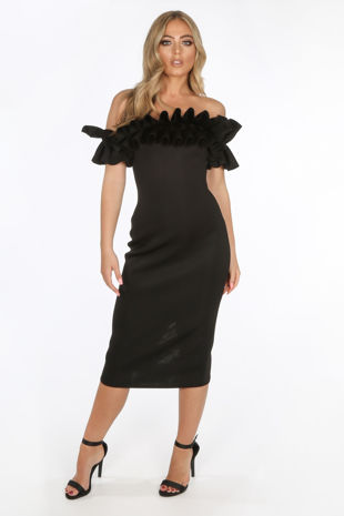 Black Neoprene Ruffle Bardot Midi Dress