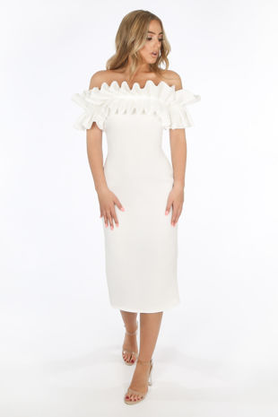 White Neoprene Ruffle Bardot Midi Dress