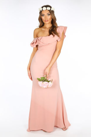 Pink One Shoulder Frill Maxi Dress 