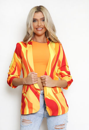 Retro Print Ruched Sleeve Open Blazer