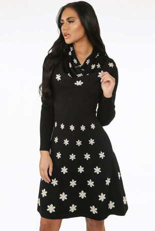 Fine Knit Flower Print Bodycon Dress