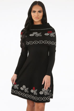 Black Fine Knit Floral Print Bodycon Dress