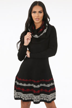 Black Fine Knit Floral Print Bodycon Dress