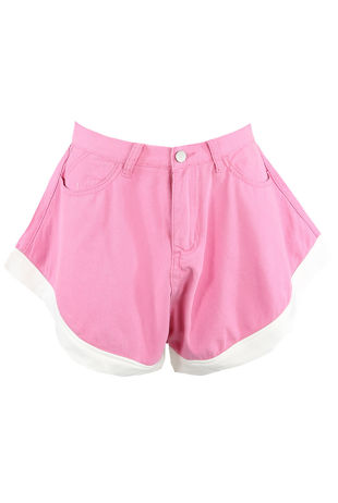 Pink Two Tone Denim Flared Shorts