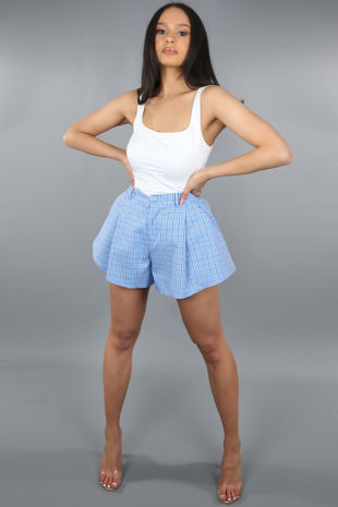 Blue Check Flared Shorts 