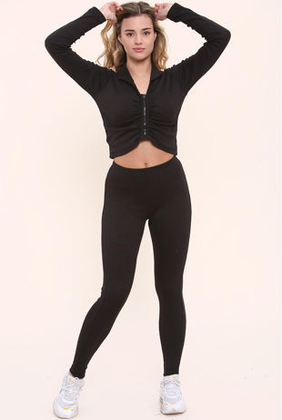 Black Ribbed Zip Front Crop Top & Leggings Set